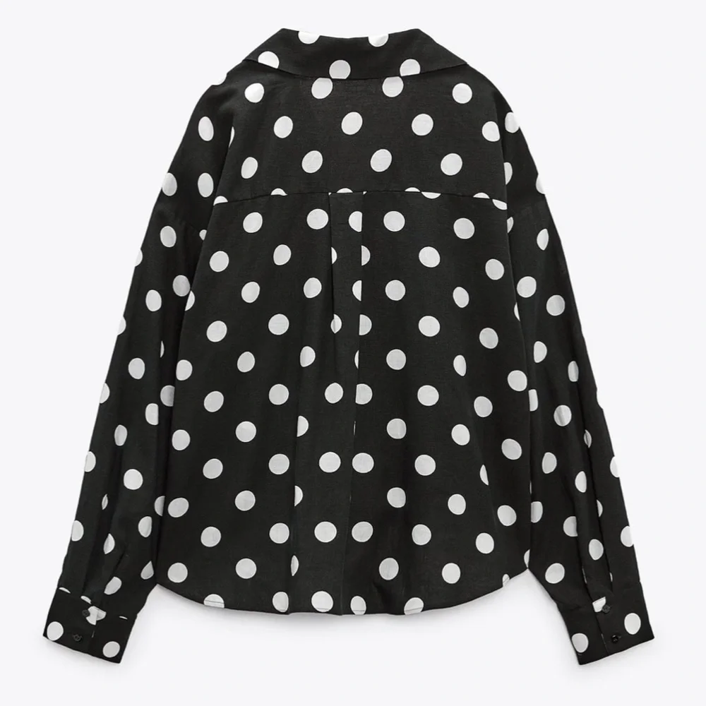 Zara NWT linen black & white polka dot knot front button front long sleeve shirt - Picture 7 of 10